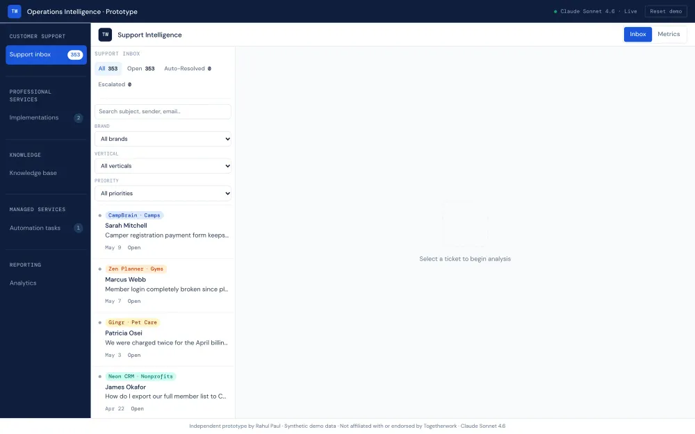 Support inbox: status tabs showing 353 tickets, a search box, brand, vertical and priority filters, and a list of tickets with a prompt to select one.