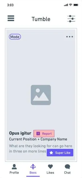 Tumble home screen: a profile card with a Report button beside the name and a Super Like button.