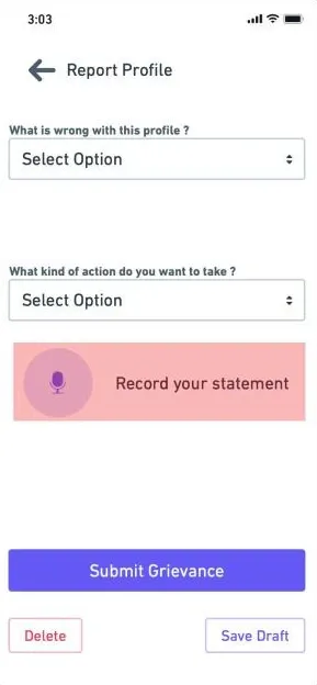 Report Profile form with two Select Option dropdowns, a Record your statement button, Submit Grievance, Delete and Save Draft.