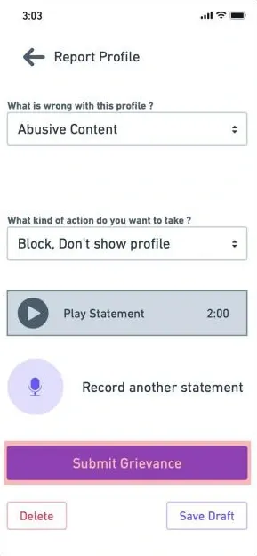 Report Profile form filled in with Abusive Content and Block, Don't show profile, a Play Statement bar showing 2:00 and Record another statement.