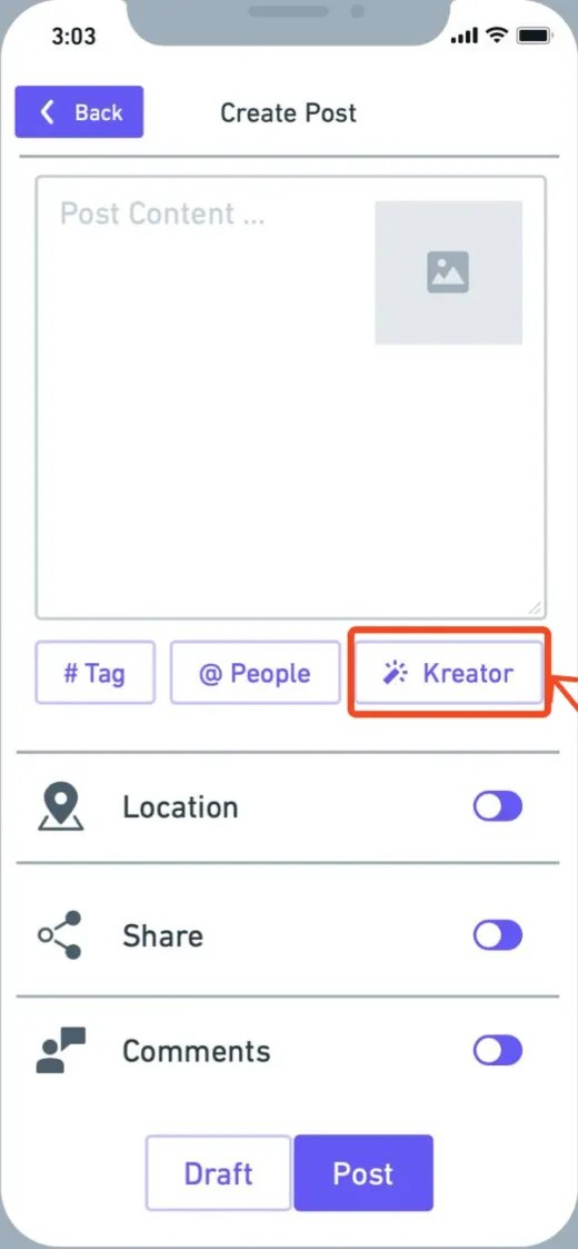 Updated Create Post wireframe: a post-content box with an image placeholder, buttons for # Tag, @ People and a new Kreator button highlighted in red, then Location, Share and Comments toggles and Draft and Post buttons.