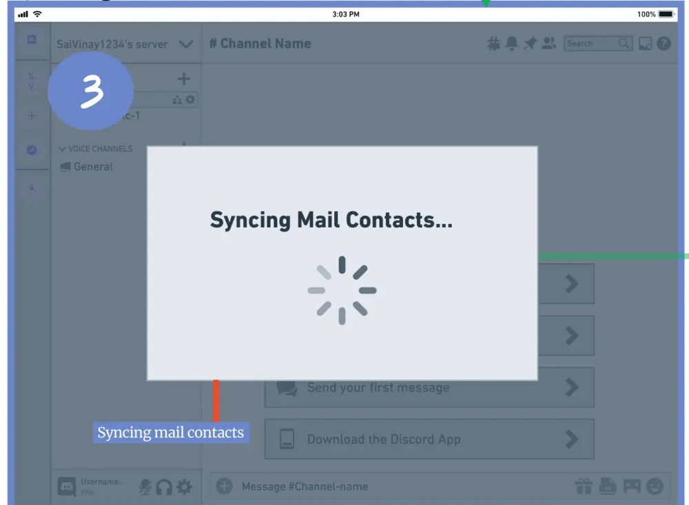 Loading state reading 'Syncing Mail Contacts...' while Discord matches the signed-up email against the user's contacts.