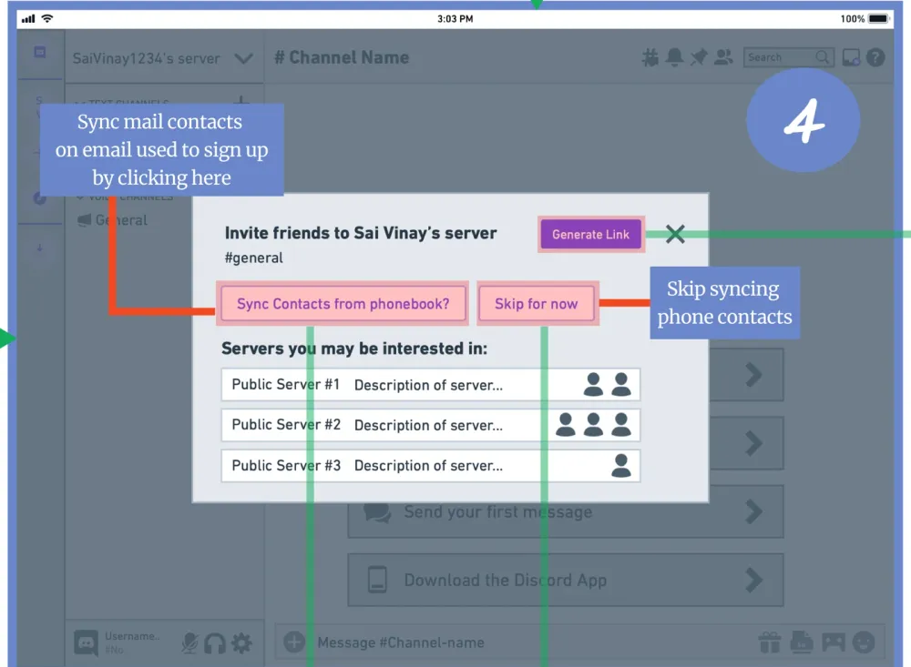 The same invite modal, now offering to sync contacts from the phonebook or skip syncing phone contacts.