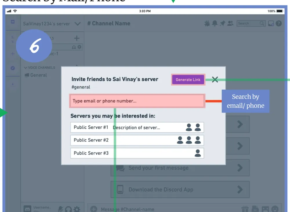 Invite modal with a search field to type an email or phone number directly.
