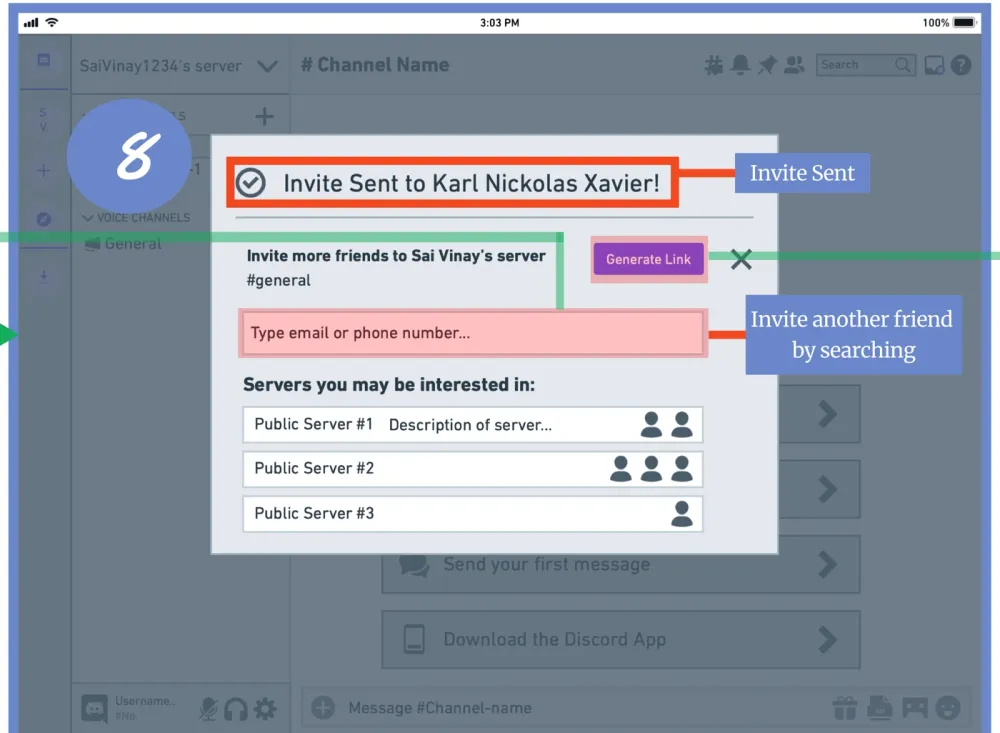 Confirmation reading 'Invite Sent to Karl Nickolas Xavier!' with the search field ready to invite another friend.
