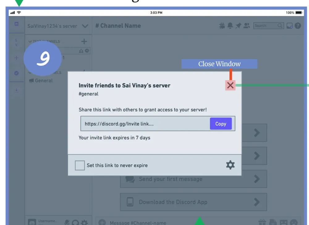External link page showing a shareable Discord invite link that expires in 7 days, with an option to never expire.